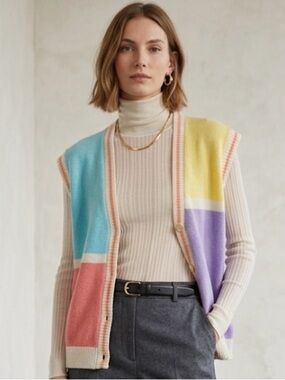Vintage Nan Dorsey Patchwork Pastel V-Vneck Oversized Sweater Vest Size Small